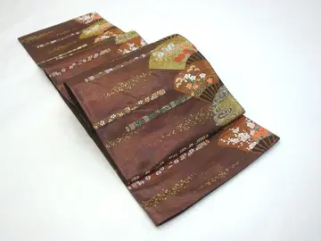 새상품급 중고 후쿠로 오비 부채에 꽃 무늬 브라운 계열 N70903-10