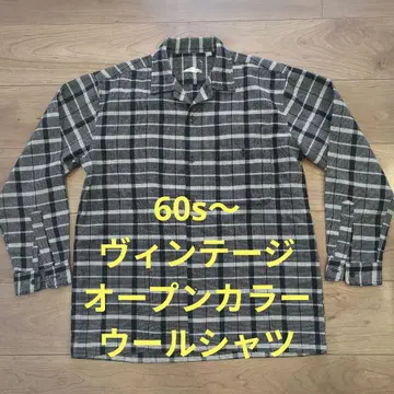 레어! 60s 빈티지 오픈 카라 울 셔츠 화이트 블랙 체크
