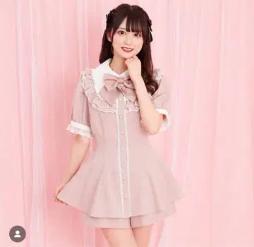 시크릿 허니 시하 니 레이스 카라 더블 프릴 요크 셋업 핑크