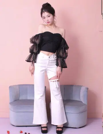 MM V-line waist ribbon flared denim
