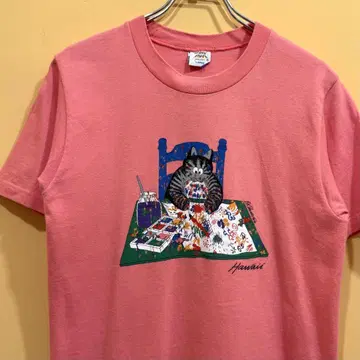 밤색 고양이 반팔 T셔츠 90s USA제 핑크 L 클레이지셔츠