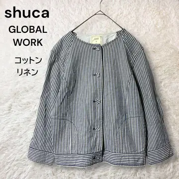 shuca 글로벌 워크 노카라 자켓 7분 소매 린넨 혼방 스트라이프