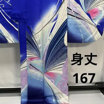C514 순수 실크 후리소데 나비 은박 톨 사이즈 기모노