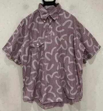 *EVISU 체크 갈매기 올 패턴 하프 버튼 반팔 셔츠 일본제 44