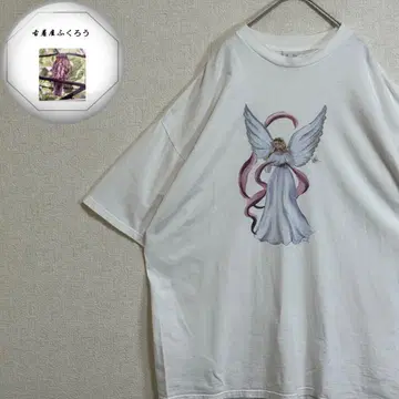 USA제 T셔츠 반팔 엔젤 프린트 오버 사이즈 화이트 구제 의류