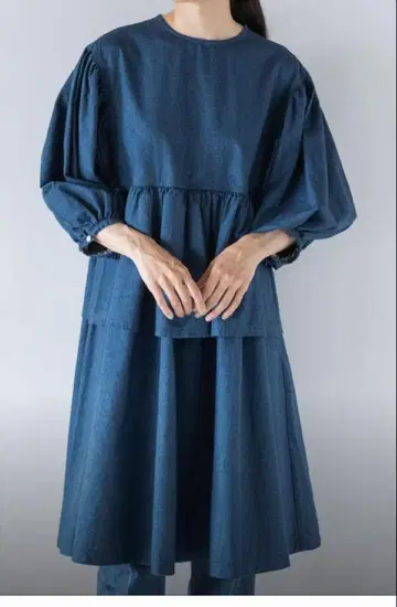 yuw 다크 블루 티어드 반팔 원피스