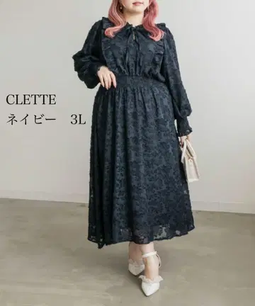 CLETTE 쿠레트 꽃무늬 프린지 자카드 원피스 네이비 3L