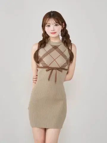 Darich 체크 자카드 니트 미니 원피스
