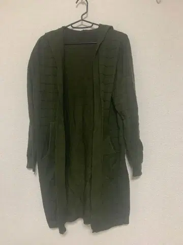 올리브 그린 후드 부착 롱 가디건