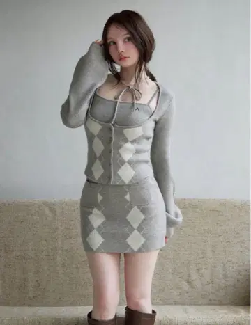 Andmary Argyle ribbon knit set up gray