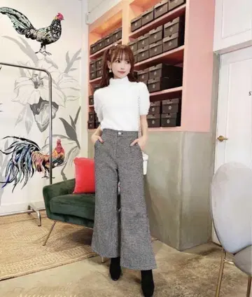 택 포함 새상품 미셸 마카롱 하운드투스 체크 패턴 와이드 팬츠 F 사이즈