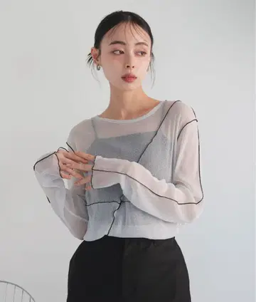 LIAN 바이컬러 메로 시어 탑 시스루 긴팔 상의
