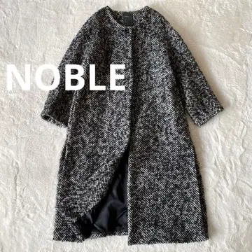 NOBLE 트위드 헤링본 노카라 코트 롱 울