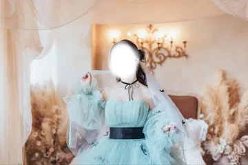 웨딩 베일 옅은 스카이블루 리본 자수