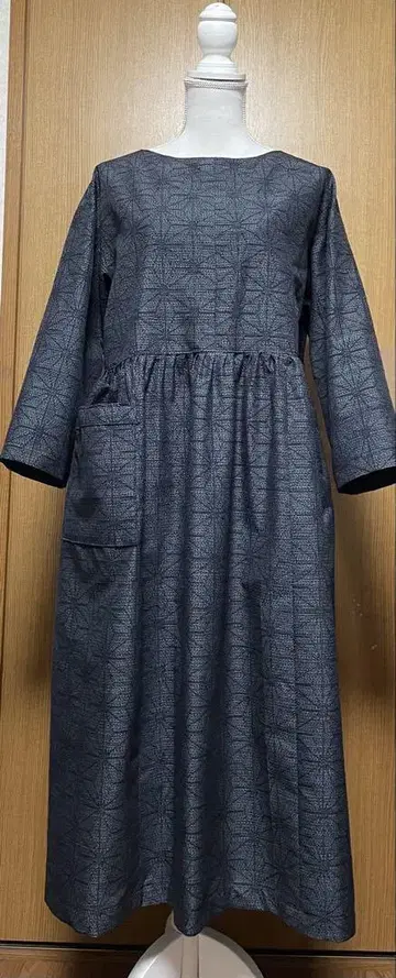 기모노 리메이크 린넨 잎사귀 패턴  허리 개더 원피스