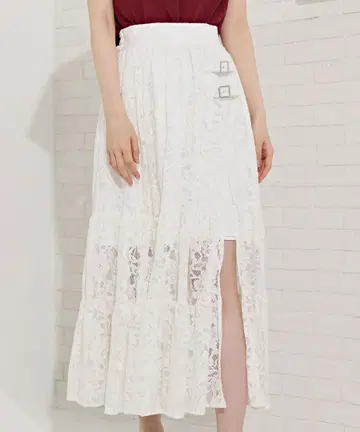 레이디 아젤 더블 벨트 티어드 레이스 스커트 화이트