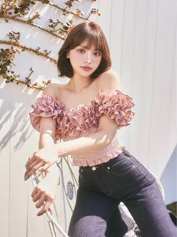 Darich 깅엄 체크 오프숄더 상의 레드
