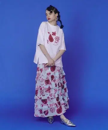 프릴 꽃무늬 롱 스커트 스카이블루/핑크