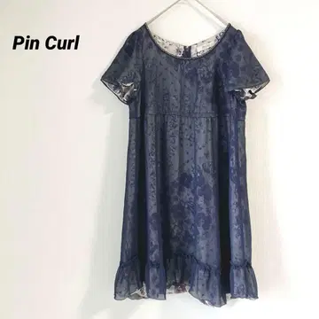 핑 컬 Pin Curl 반팔 무릎 기장 원피스 꽃무늬 네이비 M