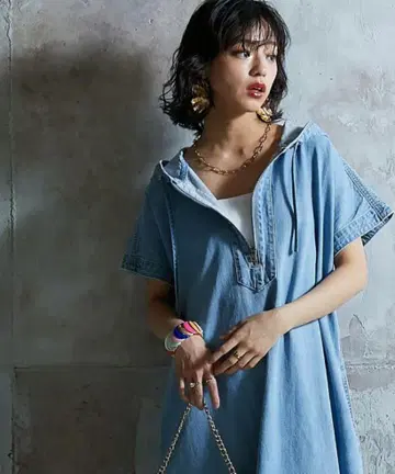 면 100% 데님 후드티 맥시 원피스 GEVS.