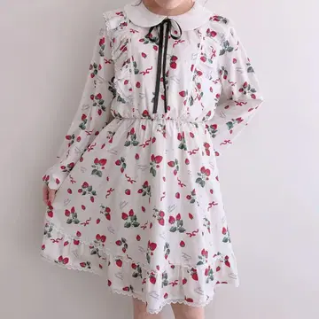 허니시나몬 딸기 무늬 프릴 원피스 화이트