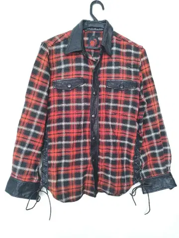 레드문 가죽 절개 빨검 웨스턴 셔츠 체크 무늬 플란넬 셔츠