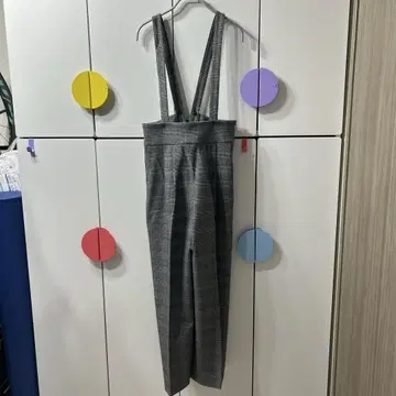 체크 무늬 서스펜더 와이드 팬츠