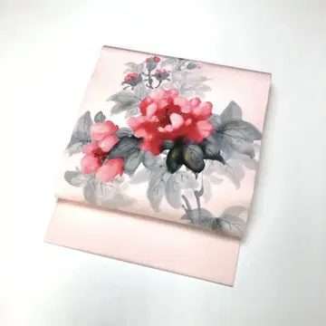 나고야 오비 시오제 작가 물 꽃무늬 금채 옅은 복숭아색 KO-1343