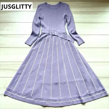 JUSGLITTY 성숙/러블리 배색 패턴 니트 원피스 퍼플 라벤더