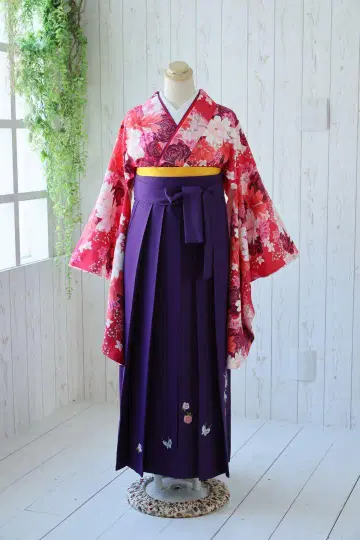 졸업 하카마 기모노 핑크 빨간색 하카마 보라색 자수 (12