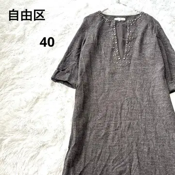 자유구 울 V넥 7부 소매 원피스 40 그레이 튜닉 비쥬