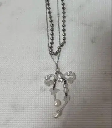 핸드메이드 목걸이 펄 실버 리본