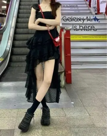 Y2K 걸리시 레이스 쉬폰 비대칭 드레스