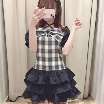 evelyn 에블린 빅 리본 티어드 OP 체크 원피스 하라주쿠