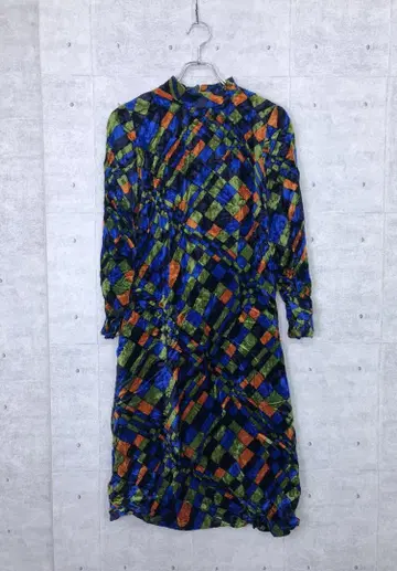 레트로 빈티지 구제 의류 컬러풀 다이아몬드 패턴 올 패턴 긴팔 원피스