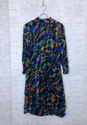 레트로 빈티지 구제 의류 컬러풀 다이아몬드 패턴 올 패턴 긴팔 원피스