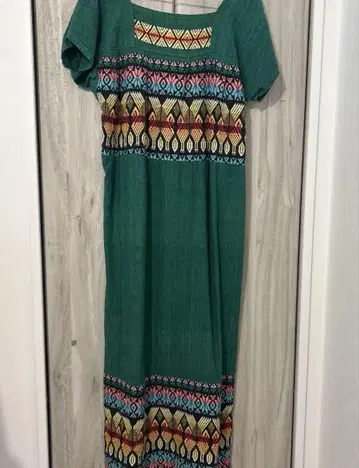 vintage 에스닉 패턴 반팔 롱 원피스