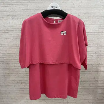 PICONE 핑크색 반팔 티셔츠 캐릭터 자수