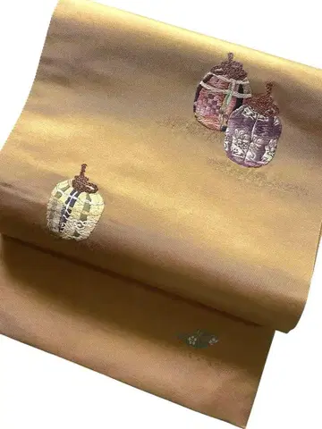 오렌지 컬러 항아리와 잎사귀 자수 후쿠로 오비