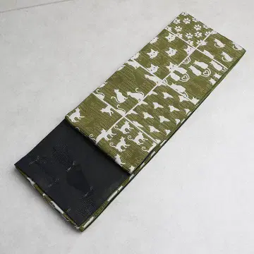 [ 새상품 ] 리버서블 자카드 직조 반폭 오비 고양이 격자 무늬 그린