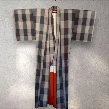 순수 실크 이중 기모노 그레이 계열 체크 격자 겉옷 세트