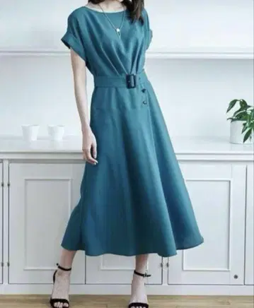 ANAYI 아나이 드라이 포플린 플레어 원피스 36 네이비
