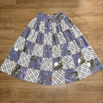 카네코 이사오 꽃무늬 x 오리지널 체크 패치워크 롱 스커트 퍼플 계열