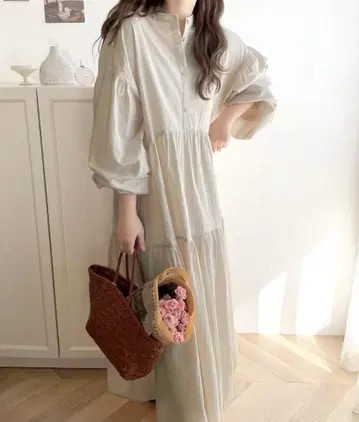 미사용 새상품 클래식 엘프 백리본 티어드 원피스 베이지 M
