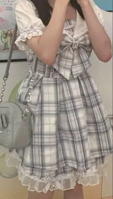 [레어] LIZLISA 세일러 카라 셋업 스카이블루 체크 반팔