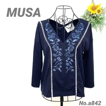 MUSA 7부 소매 상의 프리 꽃무늬 자수 네이비 V넥 귀여운