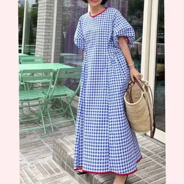 프리 스타일리스트 깅엄 체크 반팔 롱 원피스
