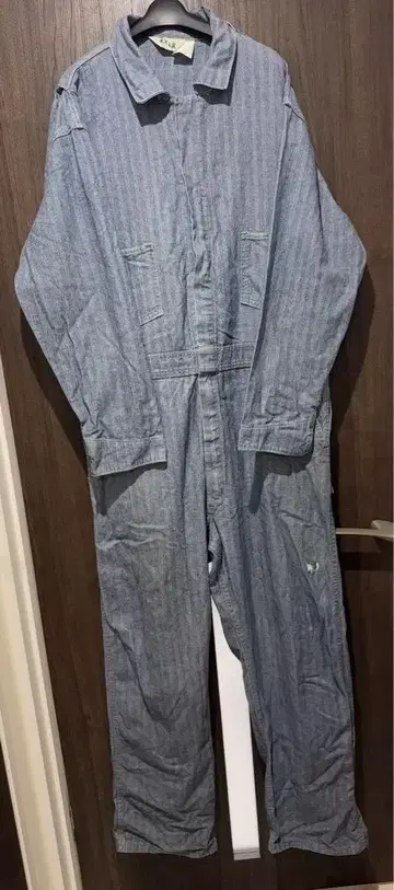 스트라이프 패턴 데님 오버롤
