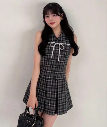 YUI 기획 슬리브리스 체크 셔츠 미니 원피스