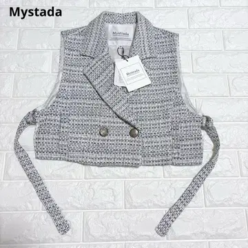 새상품 Mystada 트위드 베스트 한정 컬러 라이트 블루 S 숏 기장